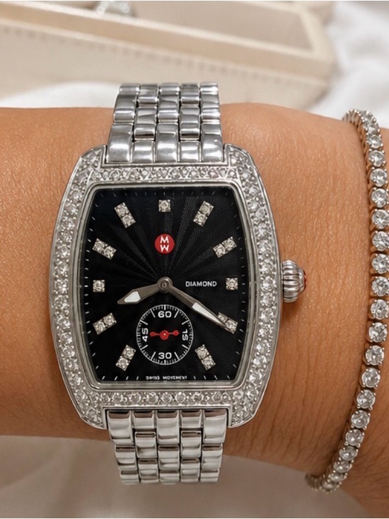 Michele Accessories - Michele Diamond-Set Stainless Steel Tonneau Watch — Black Dial